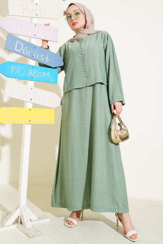 Brit Düğmeli Bluzlu Jile İkili Takım Çağla Yeşili