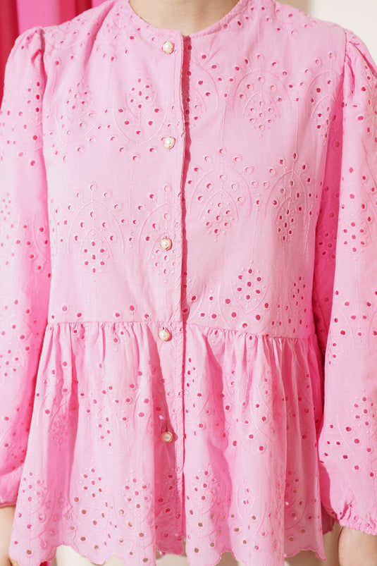Camicia con bottoni Brit e pizzo rosa
