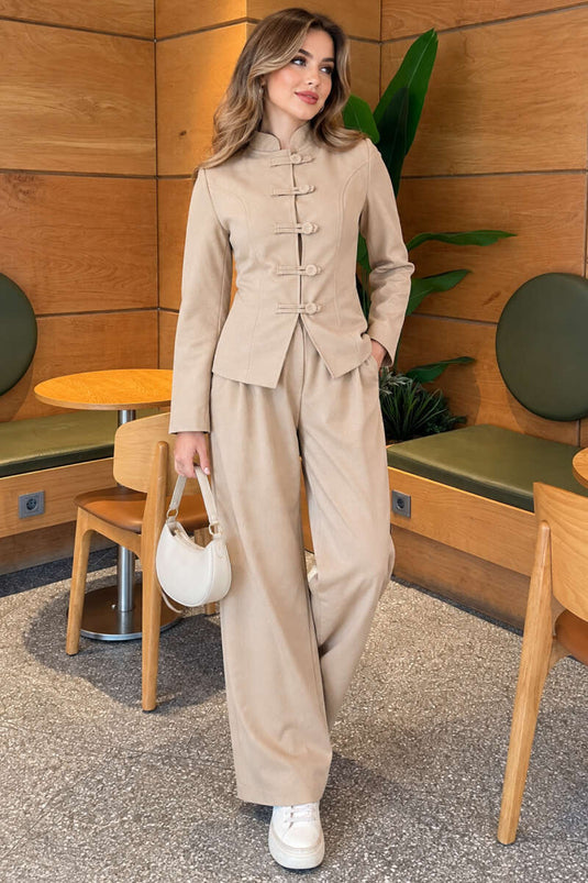 Beige Buttoned Jacket Set