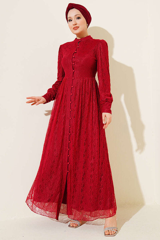 Brit Buttoned Lace Evening Dress Burgundy