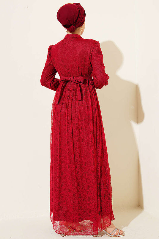 Brit Buttoned Lace Evening Dress Burgundy