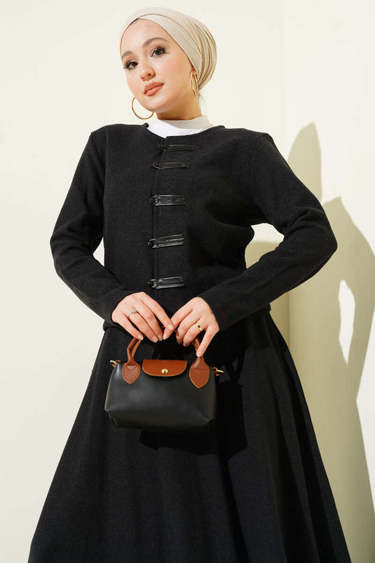 Ensemble deux pièces jupe en velours côtelé boutonné anthracite, style britannique