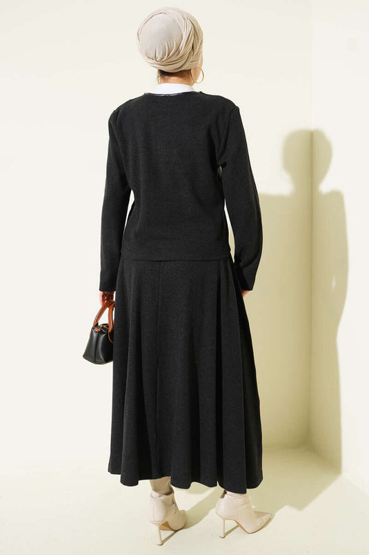 Ensemble deux pièces jupe en velours côtelé boutonné anthracite, style britannique