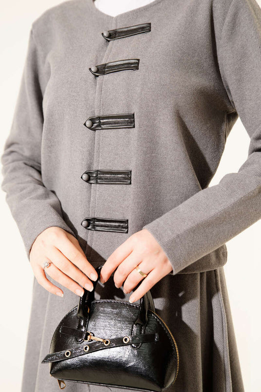 Brit Düğmeli Fitilli Kaşe Etekli İkili Takım Gri