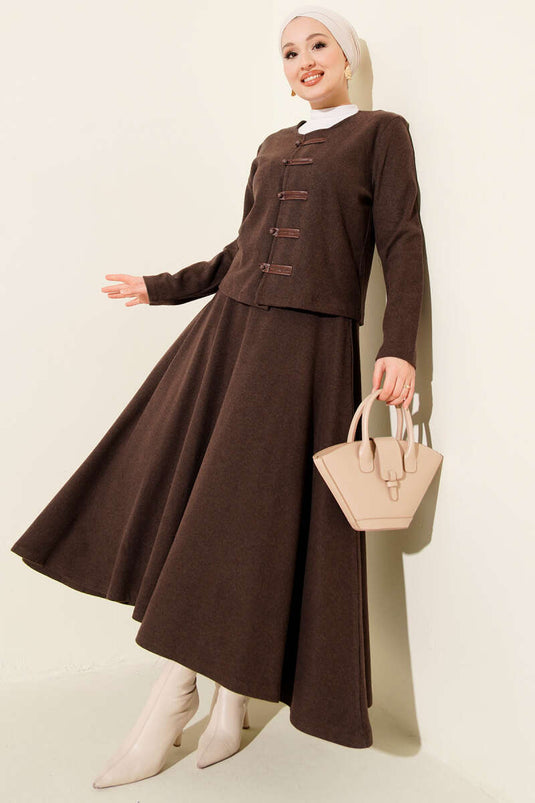 British Buttoned Corduroy Cashmere Two-Piece Set in Coffee Brown