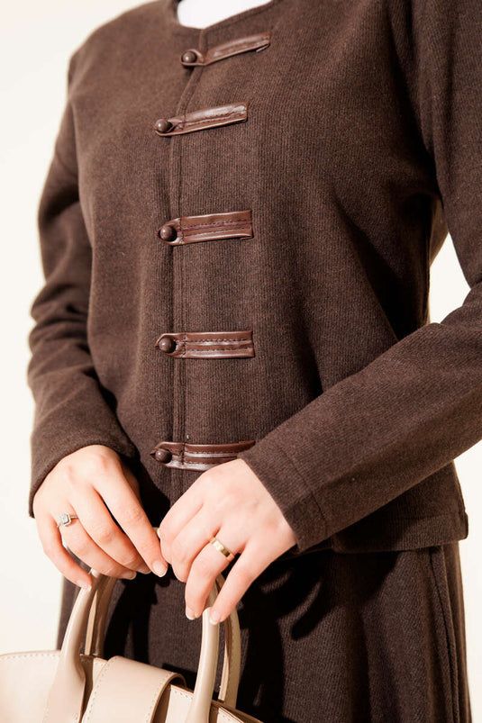 British Buttoned Corduroy Cashmere Two-Piece Set in Coffee Brown