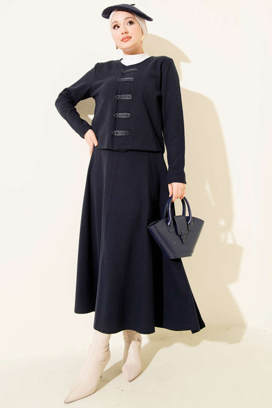 Ensemble deux pièces en velours côtelé bleu marine à boutons, style britannique