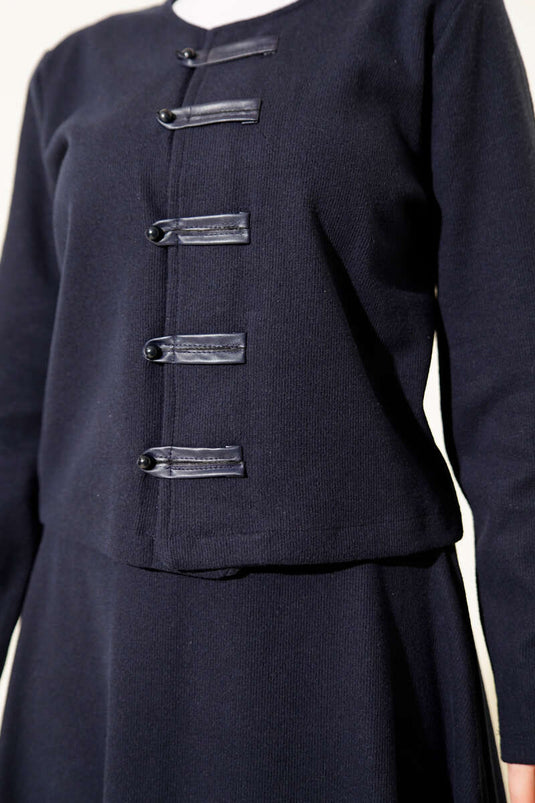 Ensemble deux pièces en velours côtelé bleu marine à boutons, style britannique