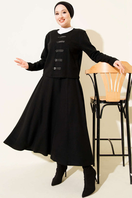 Brit Düğmeli Fitilli Kaşe Etekli İkili Takım Siyah