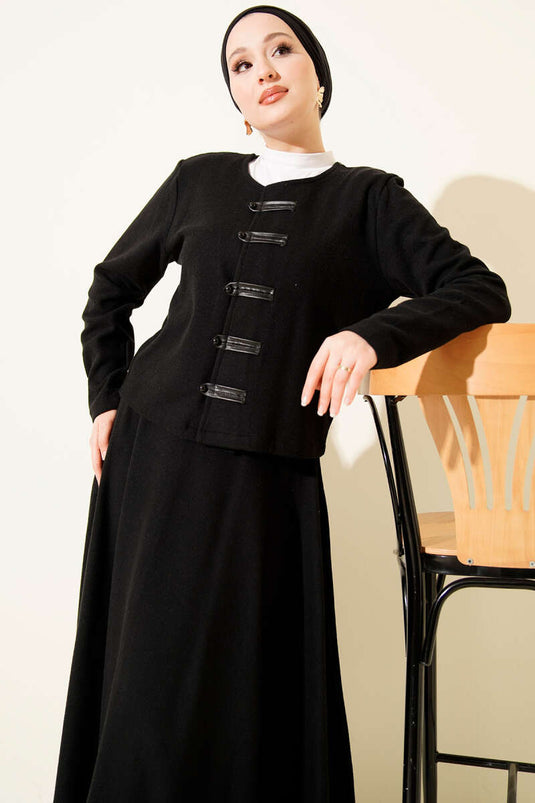 Ensemble deux pièces en velours côtelé et cachemire à boutons, noir.