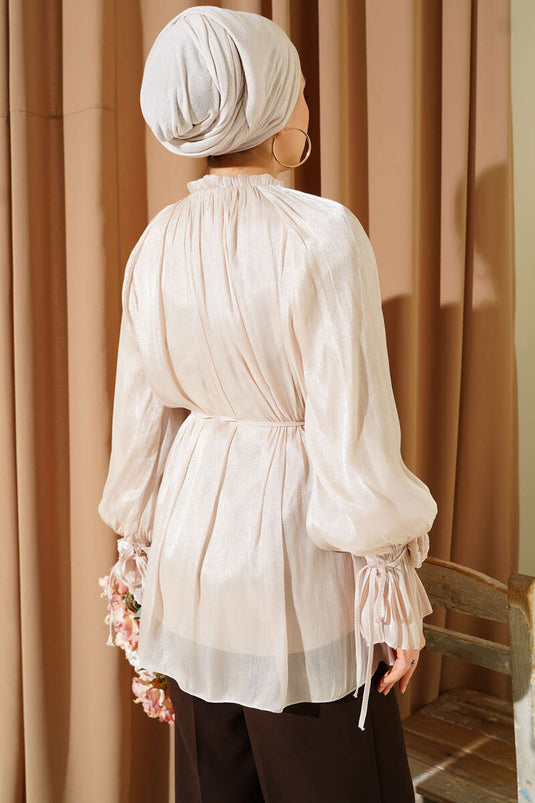 Brit Düğmeli Gül Detaylı Abiye Gömlek Bej