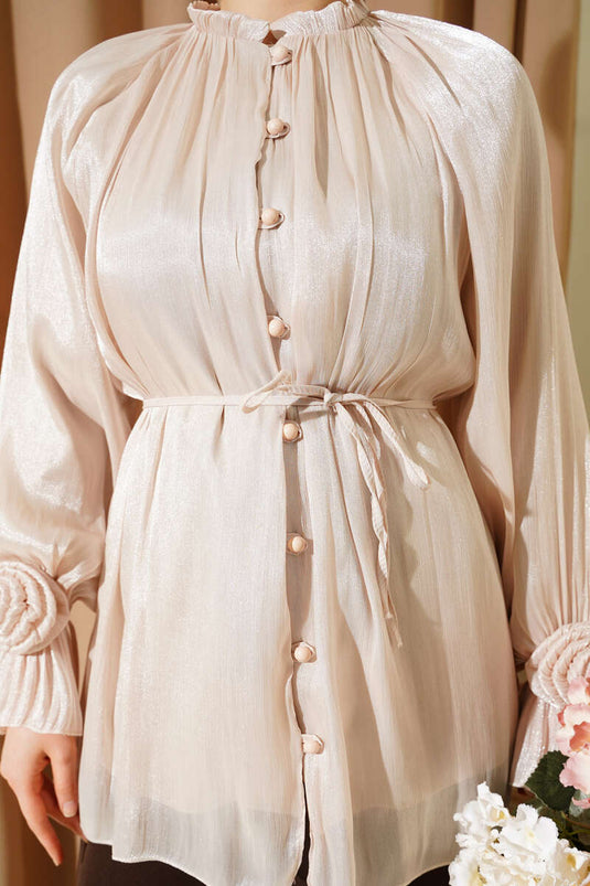 Brit Düğmeli Gül Detaylı Abiye Gömlek Bej