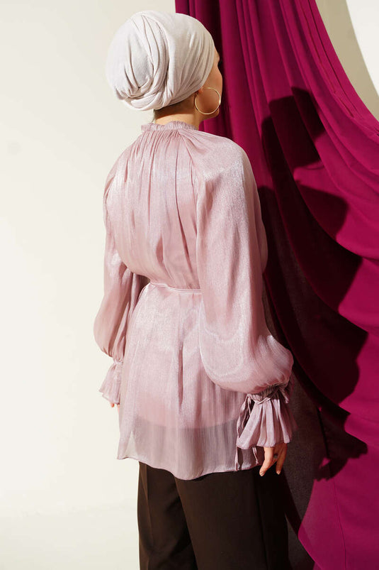 Evening Shirt with Buttoned Rose Detail in Powder Pink