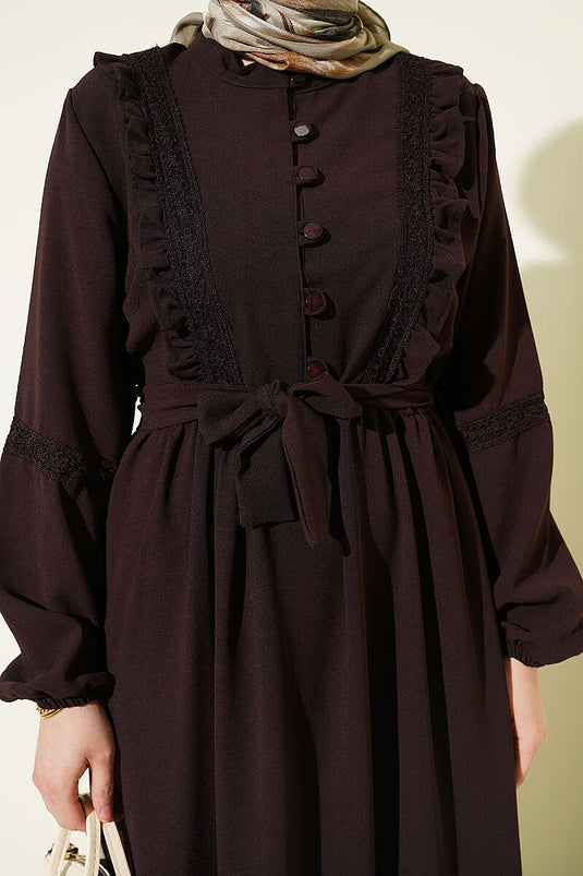 Robe en dentelle à boutons Brit, couleur café