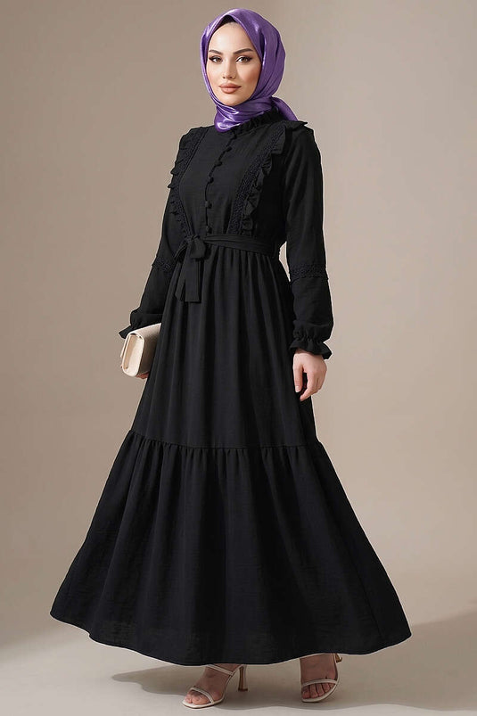 Robe en dentelle guipure avec boutons Brit, pétrole noir
