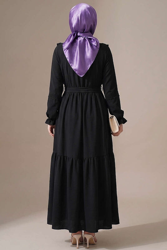 Robe en dentelle guipure avec boutons Brit, pétrole noir