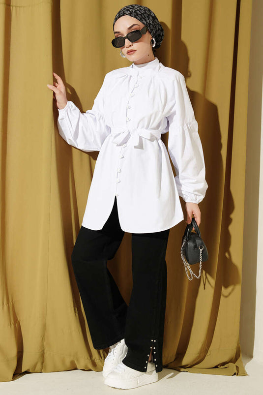 Brit Düğmeli Hakim Yaka Poplin Gömlek Beyaz