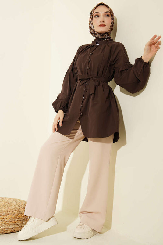 Brit Düğmeli Hakim Yaka Poplin Gömlek Kahve