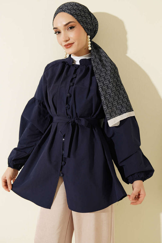Camicia popeline blu navy con collo alla coreana e bottoni Brit
