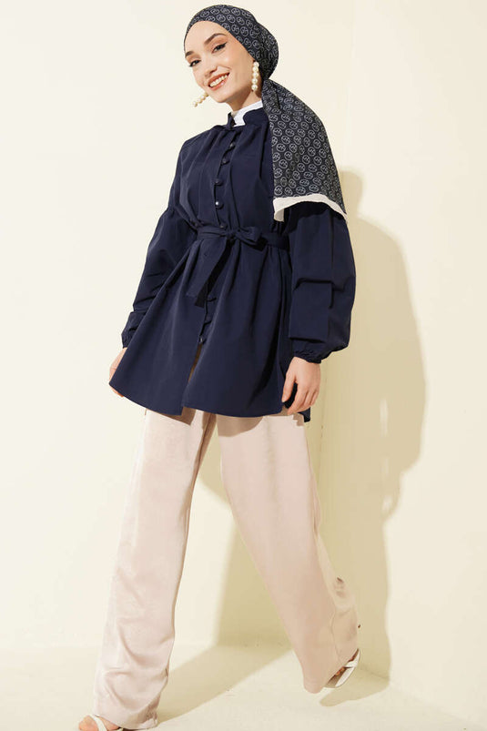 Camicia popeline blu navy con collo alla coreana e bottoni Brit