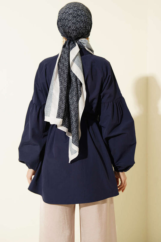 Camicia popeline blu navy con collo alla coreana e bottoni Brit