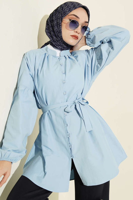 Brit Buttoned Stand Collar Poplin Shirt Blue
