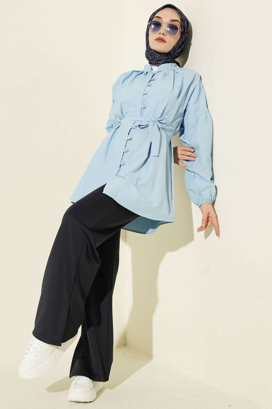 Brit Düğmeli Hakim Yaka Poplin Gömlek Mavi