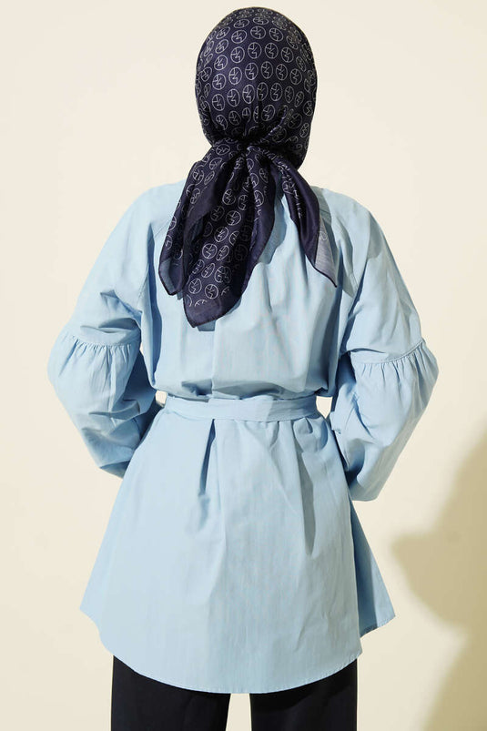 Brit Düğmeli Hakim Yaka Poplin Gömlek Mavi