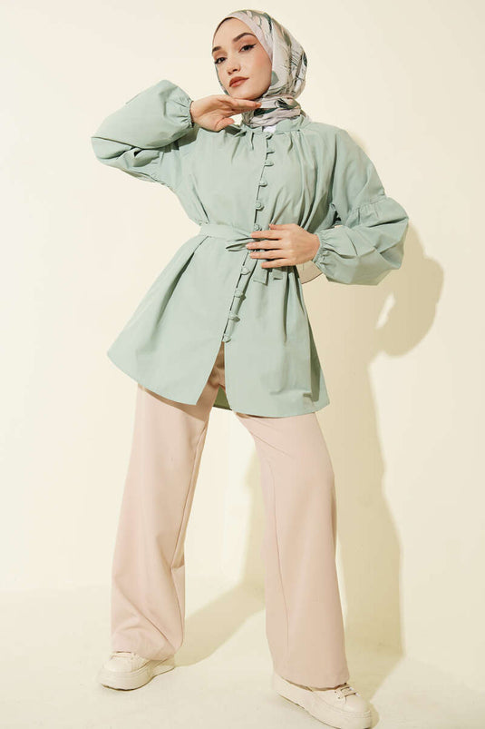 Brit Düğmeli Hakim Yaka Poplin Gömlek Mint