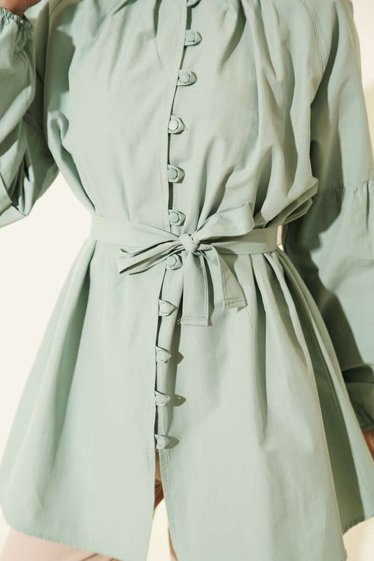 Brit Buttoned Stand Collar Poplin Shirt Mint