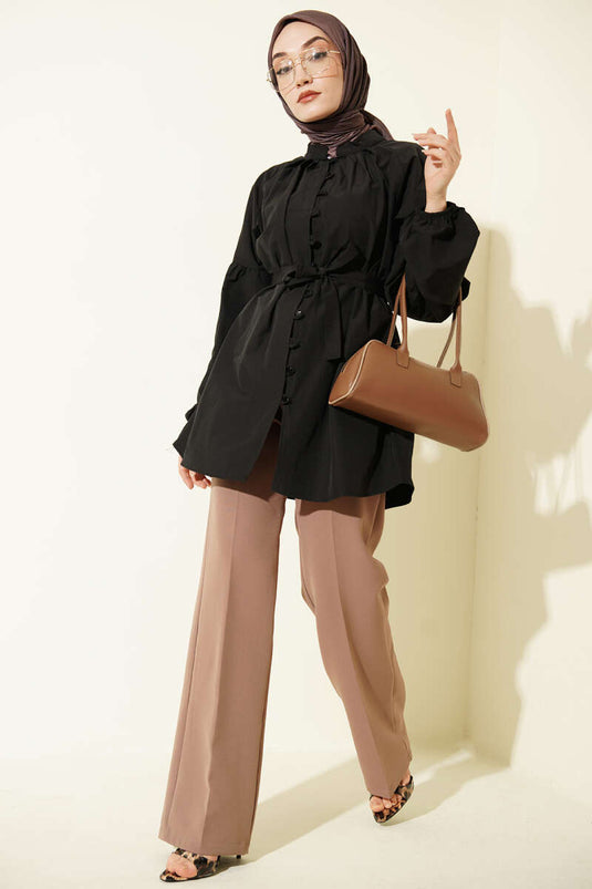 Brit Düğmeli Hakim Yaka Poplin Gömlek Siyah