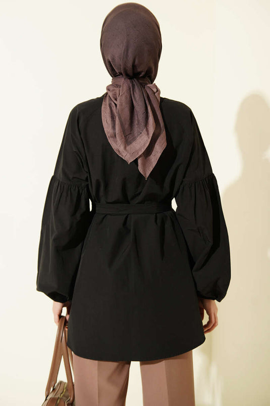 Brit Düğmeli Hakim Yaka Poplin Gömlek Siyah