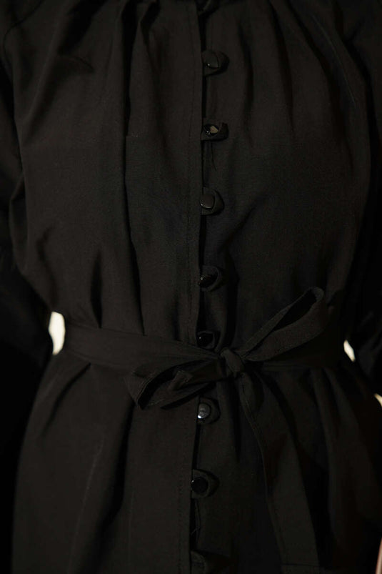 Camicia Popeline con Colletto alla Coreana e Bottoni Brit Nera