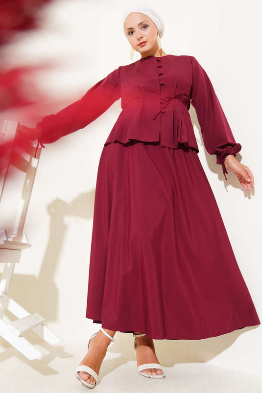 Brit Düğmeli İkili Etek Takımı Bordo