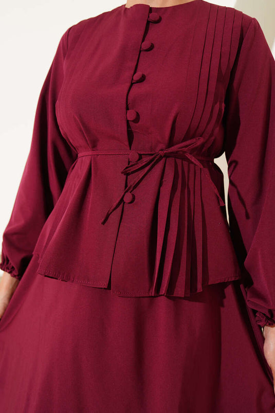 Brit Düğmeli İkili Etek Takımı Bordo