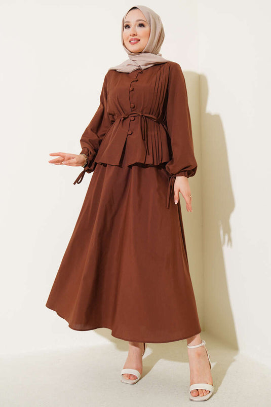 Brit Düğmeli İkili Etek Takımı Kahve