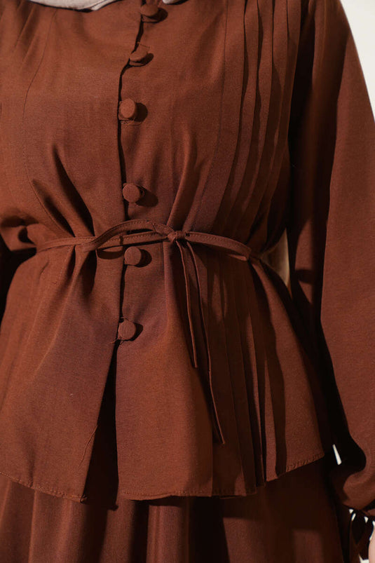 Brit Düğmeli İkili Etek Takımı Kahve