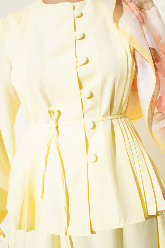 Brit Düğmeli İkili Etek Takımı Sarı