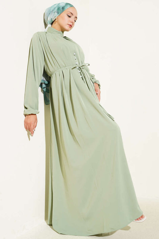 Brit Düğmeli İp Bağcıklı Elbise Mint
