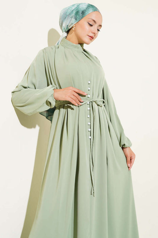 Brit Düğmeli İp Bağcıklı Elbise Mint