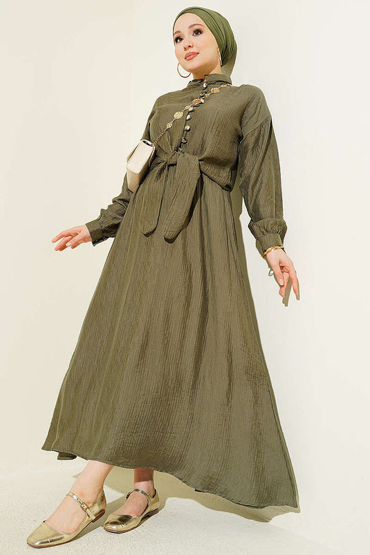 Ensemble Deux Pièces Modeste avec Jupe à Cordon et Boutons, Couleur Kaki