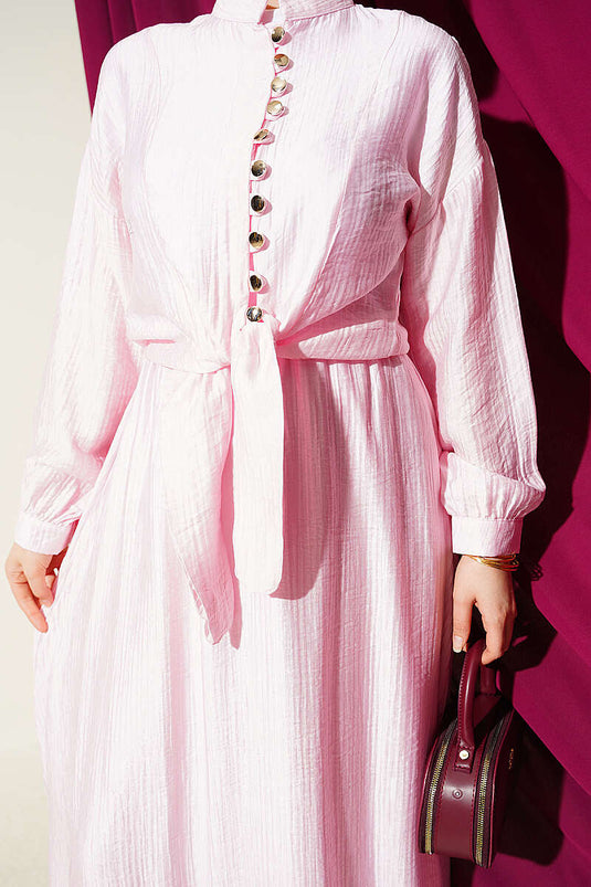Ensemble Deux Pièces Modeste avec Jupe à Cordon et Boutons en Rose