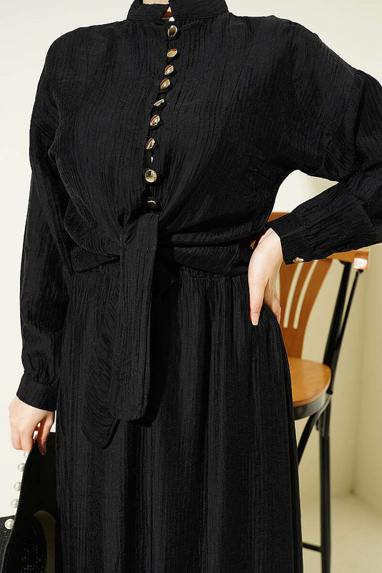 Ensemble Deux Pièces Modeste avec Jupe à Cordon et Boutons, Noir