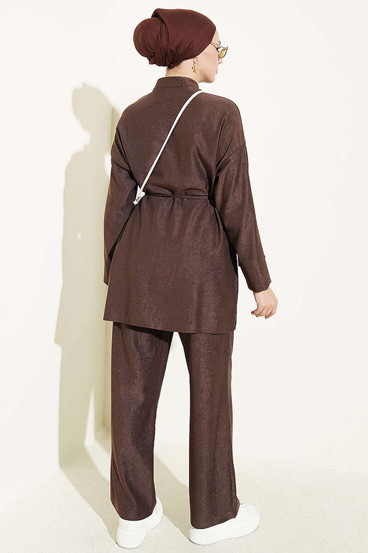 Brit Brown Buttoned Tie-Detail Two-Piece Set