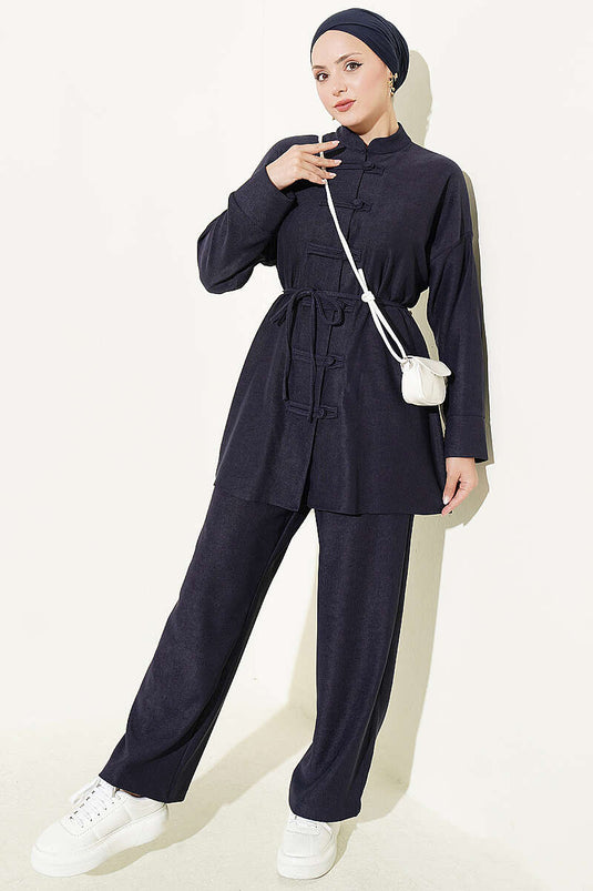 Brit Navy Blauw Knopen En Strik Detail Twee-Delige Set