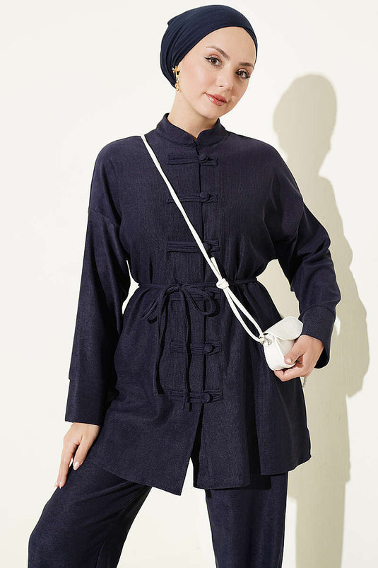 Brit Navy Blauw Knopen En Strik Detail Twee-Delige Set