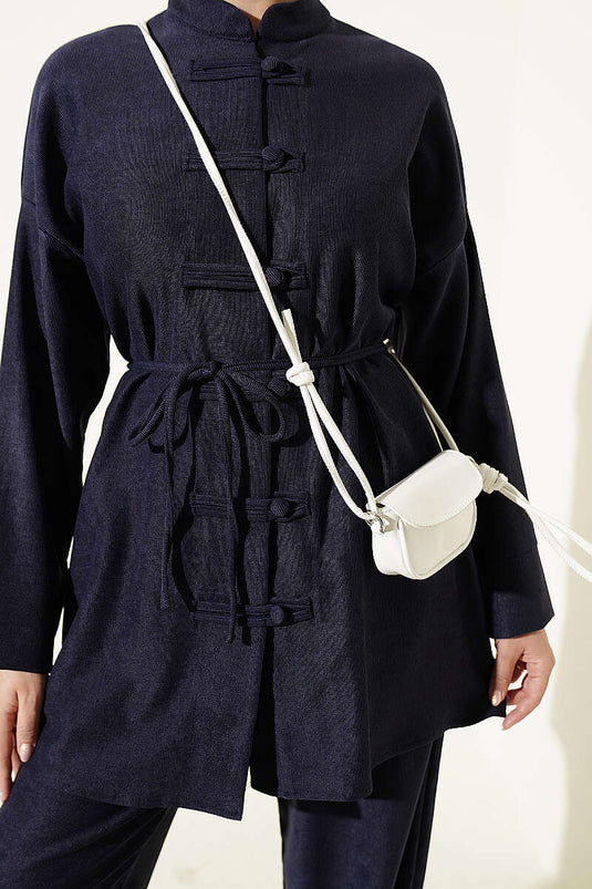 Brit Navy Blauw Knopen En Strik Detail Twee-Delige Set