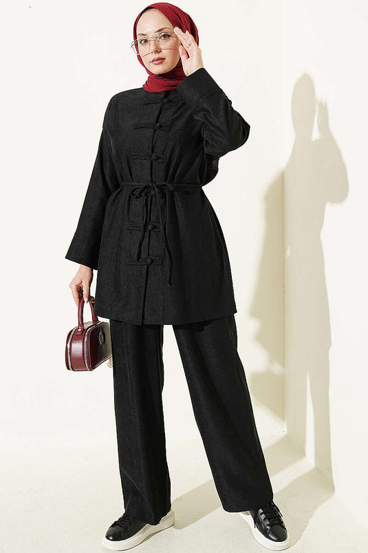 Conjunto Doble Negro Con Botones Y Cinta