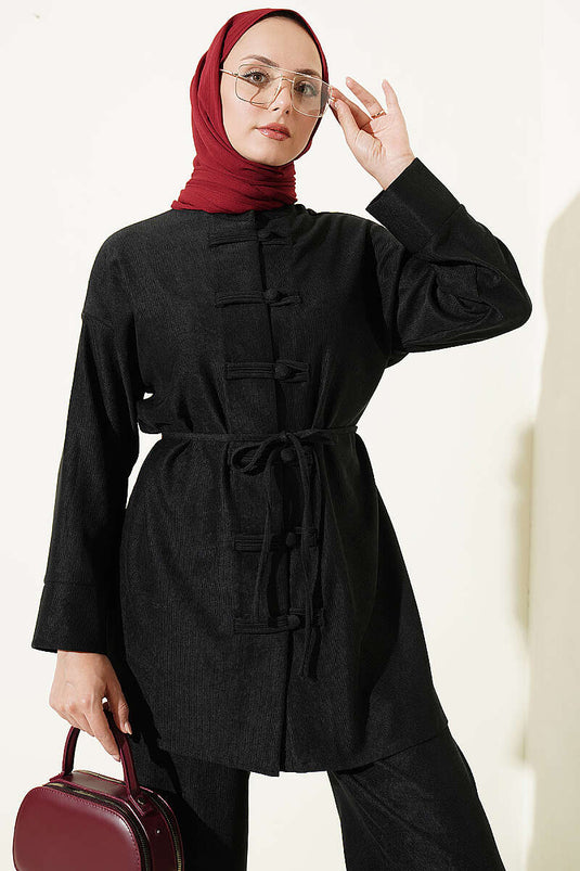 Conjunto Doble Negro Con Botones Y Cinta