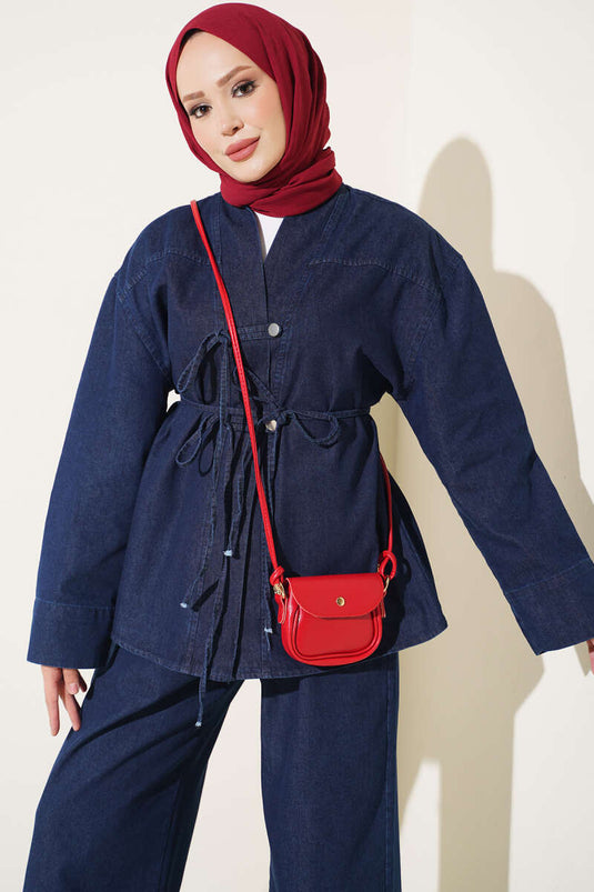 Ensemble En Jean À Boutons Et Cordon En Bleu Foncé